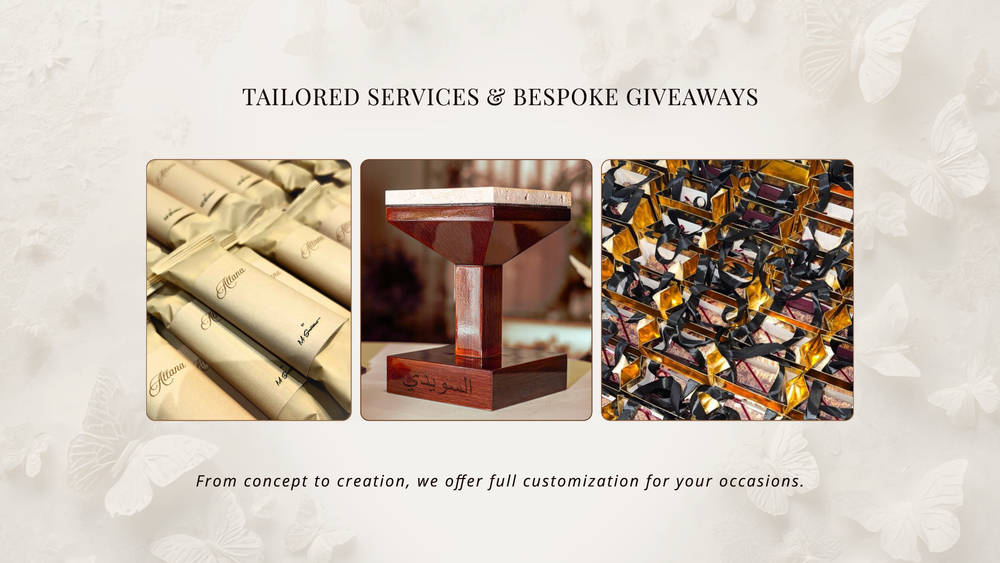 Promotional graphic for 'Tailored Services & Bespoke Giveaways' featuring three inset images: rolled parchment scrolls, a polished wooden pedestal, and a close-up of gold and black gift boxes, set against a light textured background with decorative leaf silhouettes.
